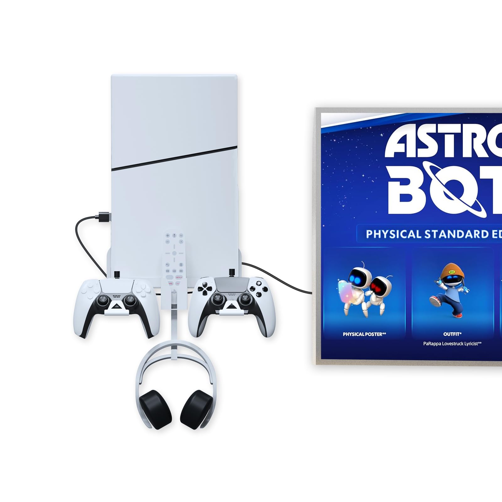 JOYTORN Wall Mount Kit for Mini PS5 Slim - Controller Holder, Headset Stand, Charging Cable - White, Model P5179