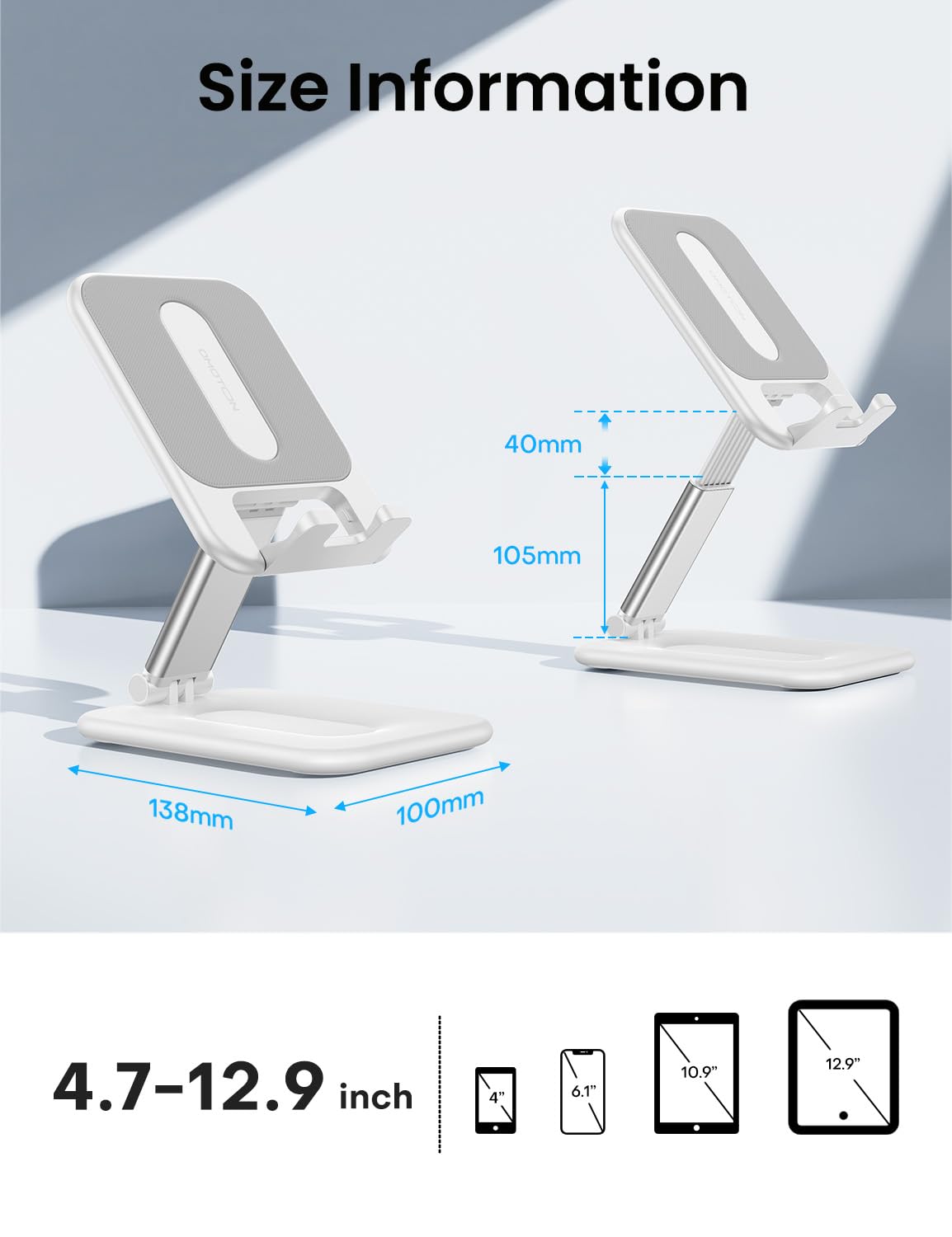 OMOTON Foldable Tablet Stand - Portable Dock Holder for iPad/Samsung Galaxy, Up to 12.9", Milk White