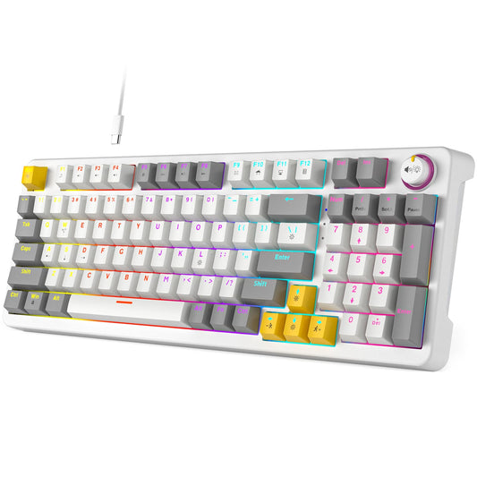 AK96 Smart Mechanical Keyboard Gaming  96 Keys Full Size with LED Colorful Backlit  Clicky Creamy Sounding  USB Wired Computer Keyboard with Volume Knob for PC  Mac  Windows (White)