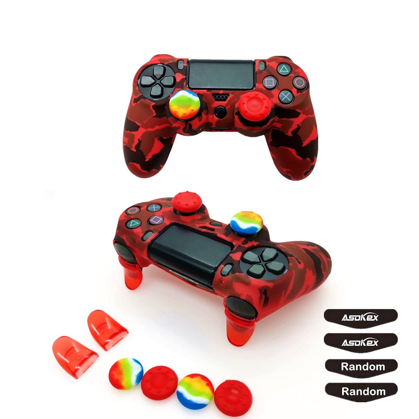 Silicone Skin Cover for Ps4 Controller (1pc Anti-Slip Case  1 Pair L2 R2 Trigger Extender  4pcs Thumb Grips 4pcs LED Light Bar Decal) Protector for DualShock PS4/ Slim/Pro Controller (Red Camouflage)