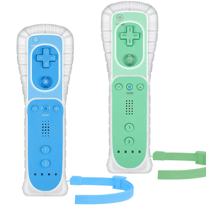 Yosikr Wii Controller 2 Pack - Remote with Silicone Case & Strap, Green & Blue, Compatible with Wii/Wii U