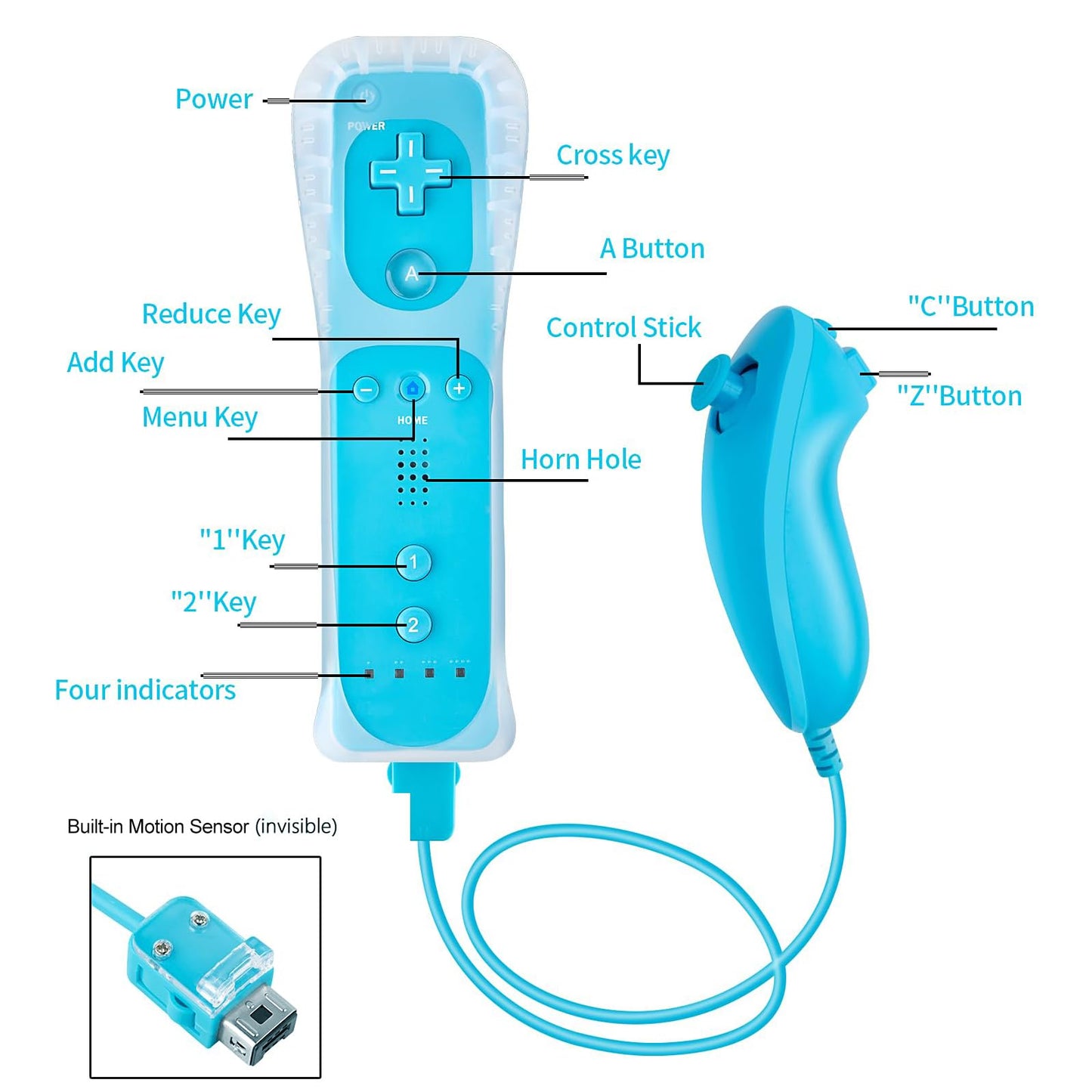 YOVONAZE Wii Remote Controller with Nunchuck, Silicone Case, Wrist Strap, 2 AA Batteries - Blue, Model YO-WII-R001