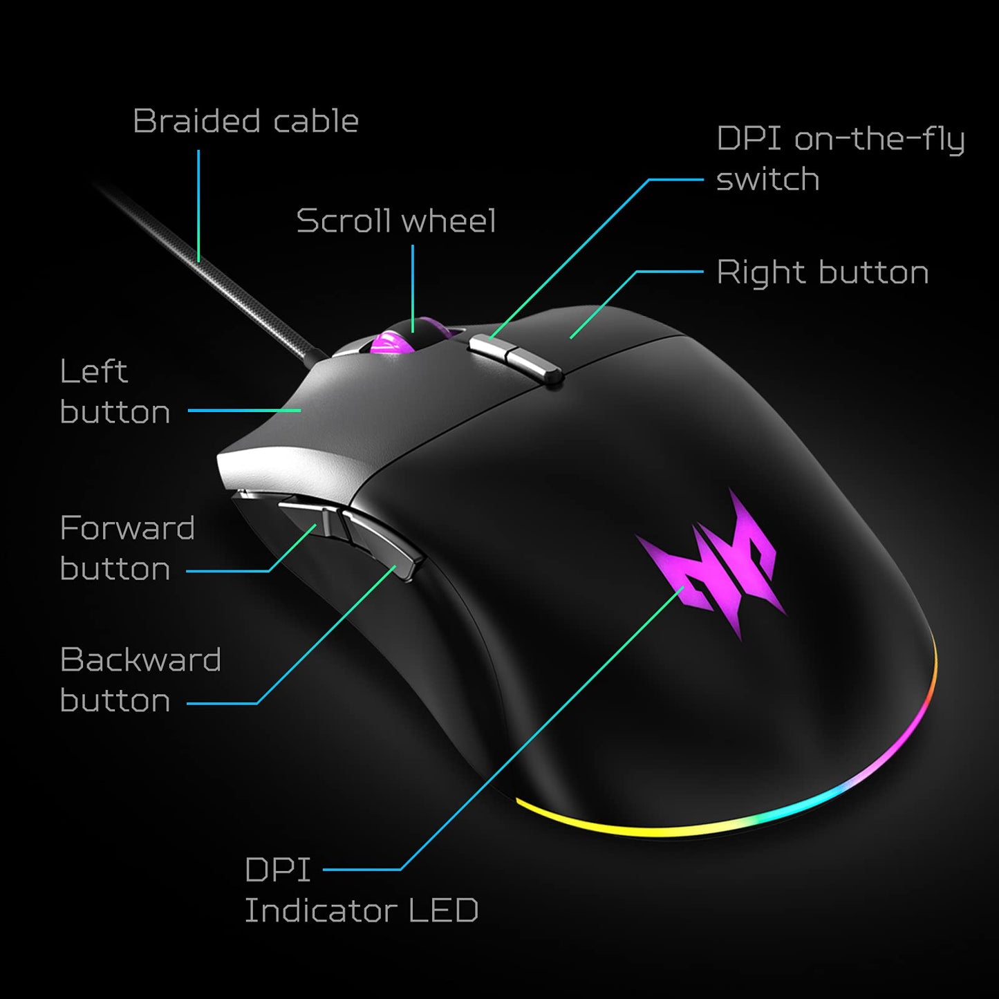 Acer Predator Cestus 330 Gaming Mouse - PixArt 3335 Sensor, Adjustable DPI, 16.8M RGB, Model PMW920, Pack of 1