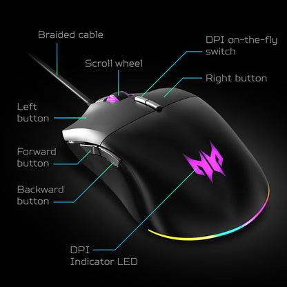 Acer Predator Cestus 330 Gaming Mouse - PixArt 3335 Sensor, Adjustable DPI, 16.8M RGB, Model PMW920, Pack of 1