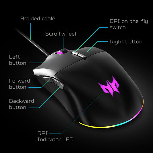 Acer Predator Cestus 330 Gaming Mouse - PixArt 3335 Sensor, Adjustable DPI, 16.8M RGB, Model PMW920, Pack of 1
