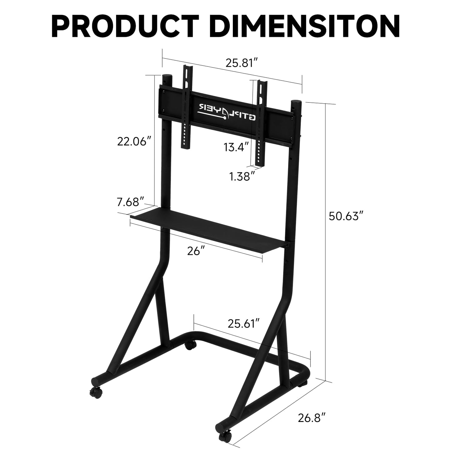 GTPLAYER Adjustable Mobile TV Stand for 32-65 Inch Displays, Black, Model GTS091, Ideal for Racing Wheel and Simulator Cockpits