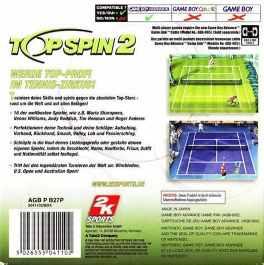 2K Top Spin 2 - Game Boy Advance, Model 710425259111, Classic Tennis Gameplay
