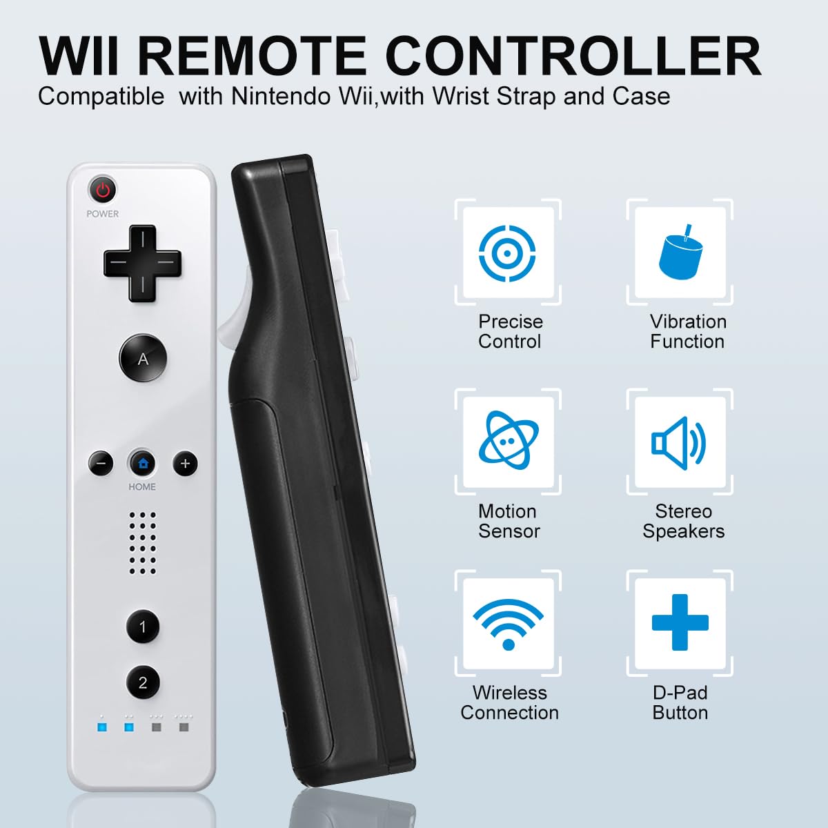 ADHLEK Wii Controller 2 Pack - Black Remote with Silicone Case & Wrist Strap