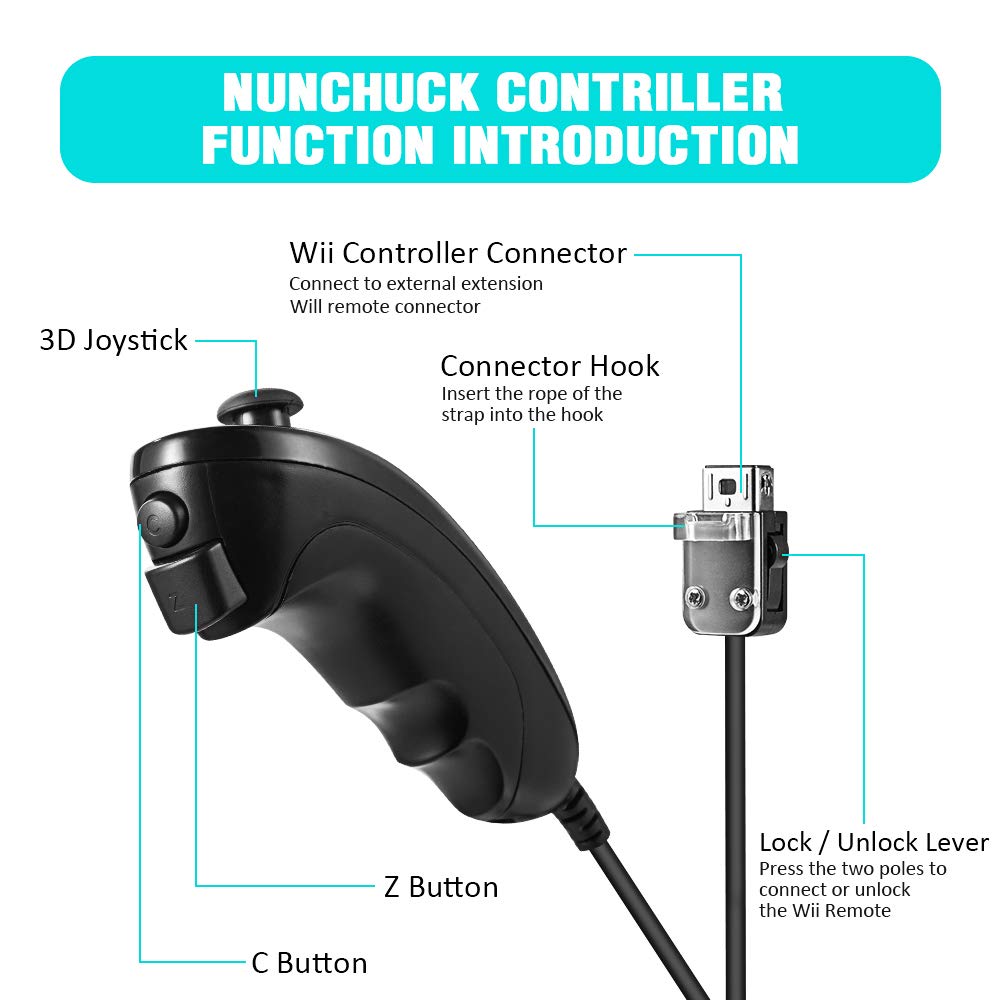 KIWITATA Wii Nunchuck Controllers - 2 Pack Wired Joystick Gamepad for Wii/Wii U - Black