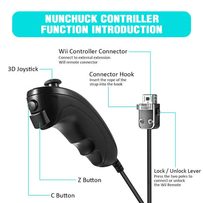 KIWITATA Wii Nunchuck Controllers - 2 Pack Wired Joystick Gamepad for Wii/Wii U - Black