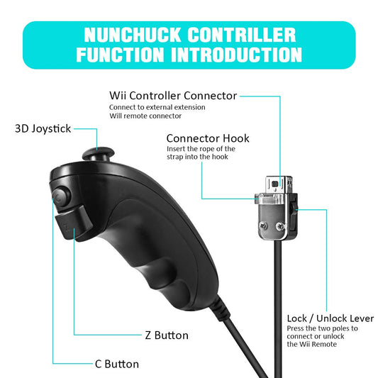 KIWITATA Wii Nunchuck Controllers - 2 Pack Wired Joystick Gamepad for Wii/Wii U - Black