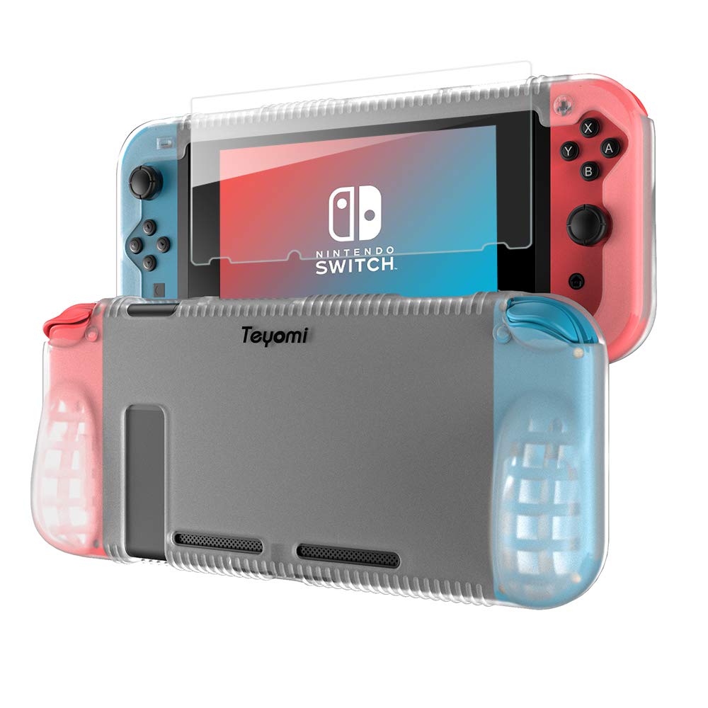 Teyomi Protective Silicone Case for Nintendo Switch  Grip Cover with Tempered Glass Screen Protector  2 Storage Slots for Game Cards  Shock-Absorption & Anti-Scratch (Clear White)