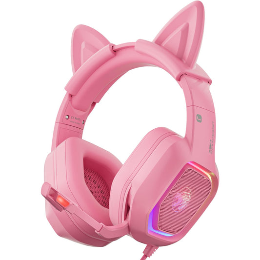ZIUMIER Pink Gaming Headset with Detachable Cat Ears  Compatible with PS4 PS5 Xbox One PC Laptop  Over-Ear Headphones with LED Light  Noise Canceling Mic  Stereo Surround Sound