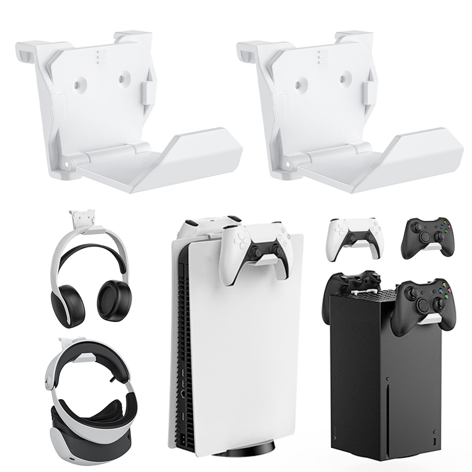 KUNSLUCK 2 Pack Controller Wall Mount for PS5  Xbox  Switch Controller  Wall Mount Stand for Controller&Headset  Adhesive/Screws Installation (White)