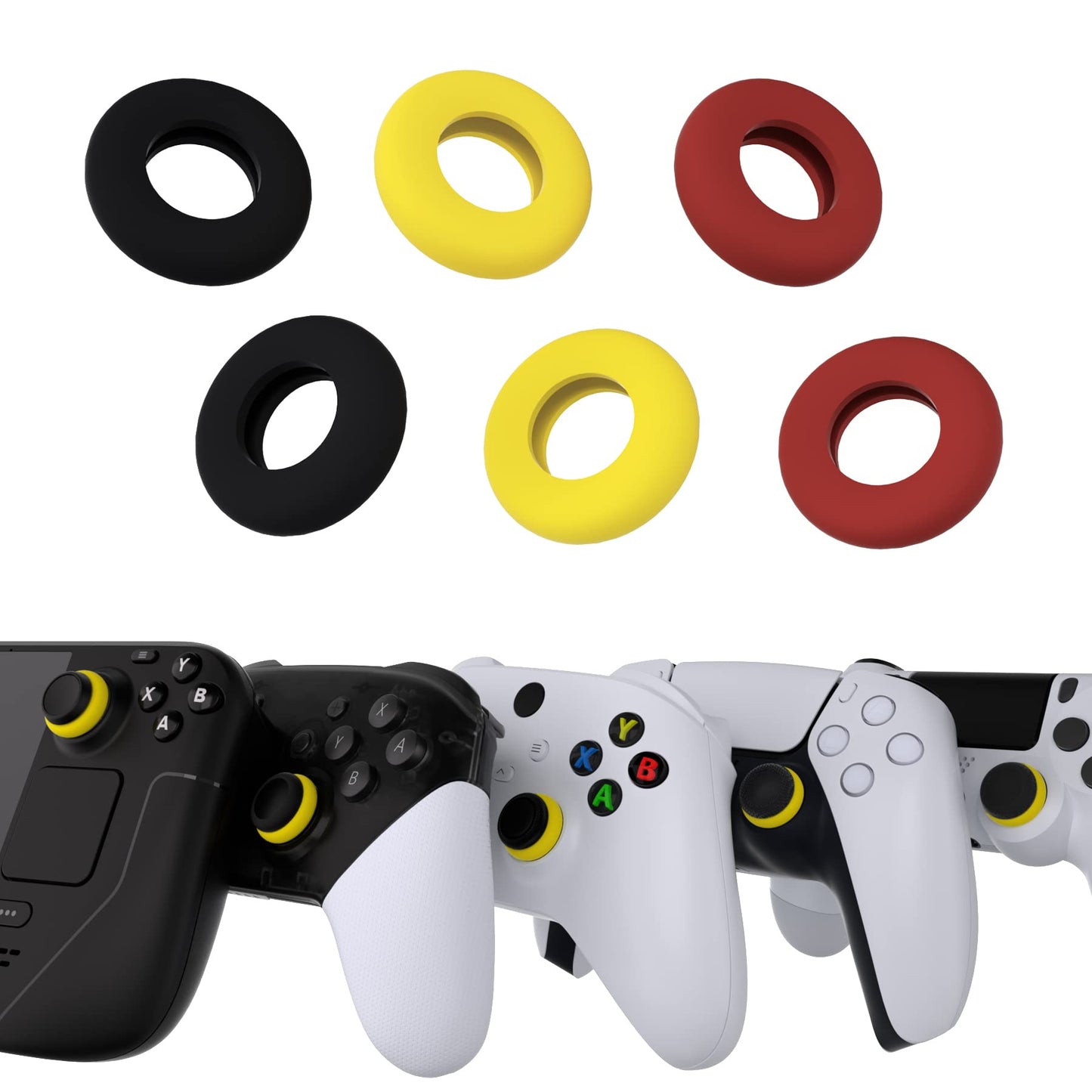 PlayVital 6 Pack Silicone Precision Rings for PS5  for PS4  for Xbox Series X/S  Xbox One  Xbox 360  for Switch 2 Pro  for Steam Deck - Aim Assist Target Motion Control  Red & Black & Yellow