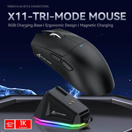 ATTACK SHARK X11 Ultra-Light Gaming Mouse - 22K DPI, 5 Programmable Buttons, Magnetic Charging Stand, Black