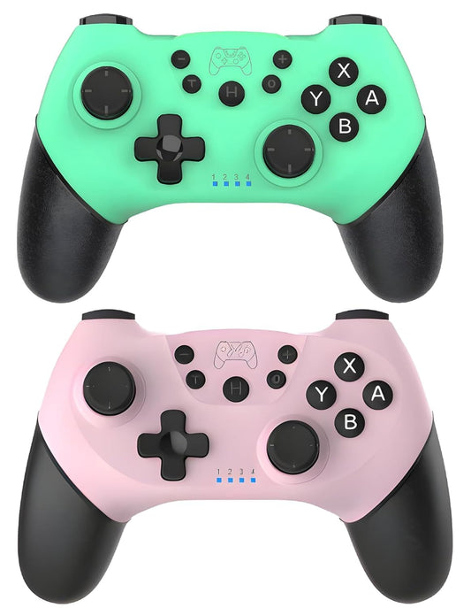 RUEIURI Wireless Gamepad Controller 2 Pack for Swit-ch & Swit-ch Lite, Pink & Green, Gyro Axis, Turbo, Adjustable Dual Shock