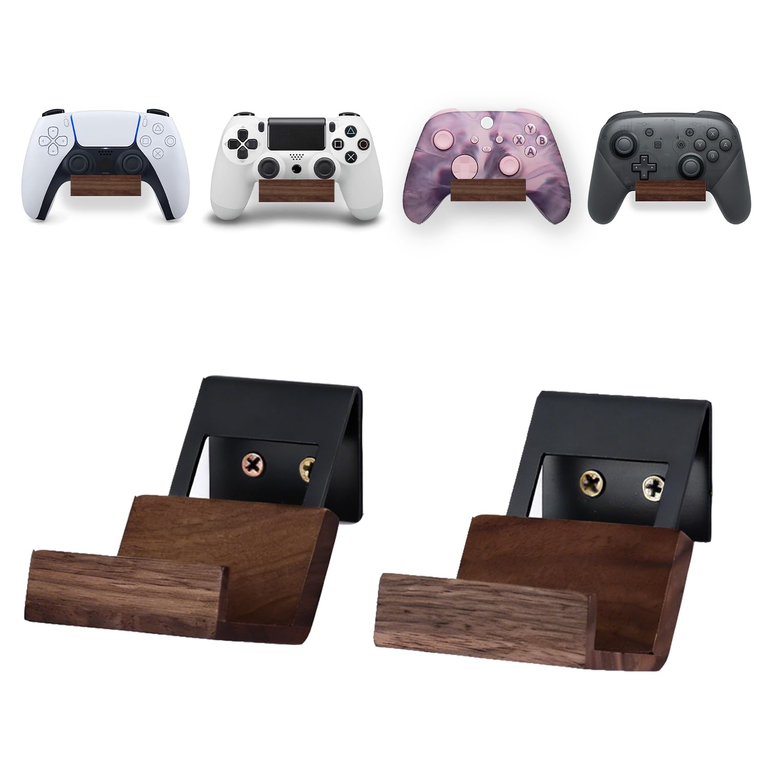 NIRVASH Walnut Controller Wall Mount  Wood Game Controller Holder Stand & Headphone Hanger  Controller & Headset Stand Compatible with Xbox  PS5  Remote (2 Pack Black)
