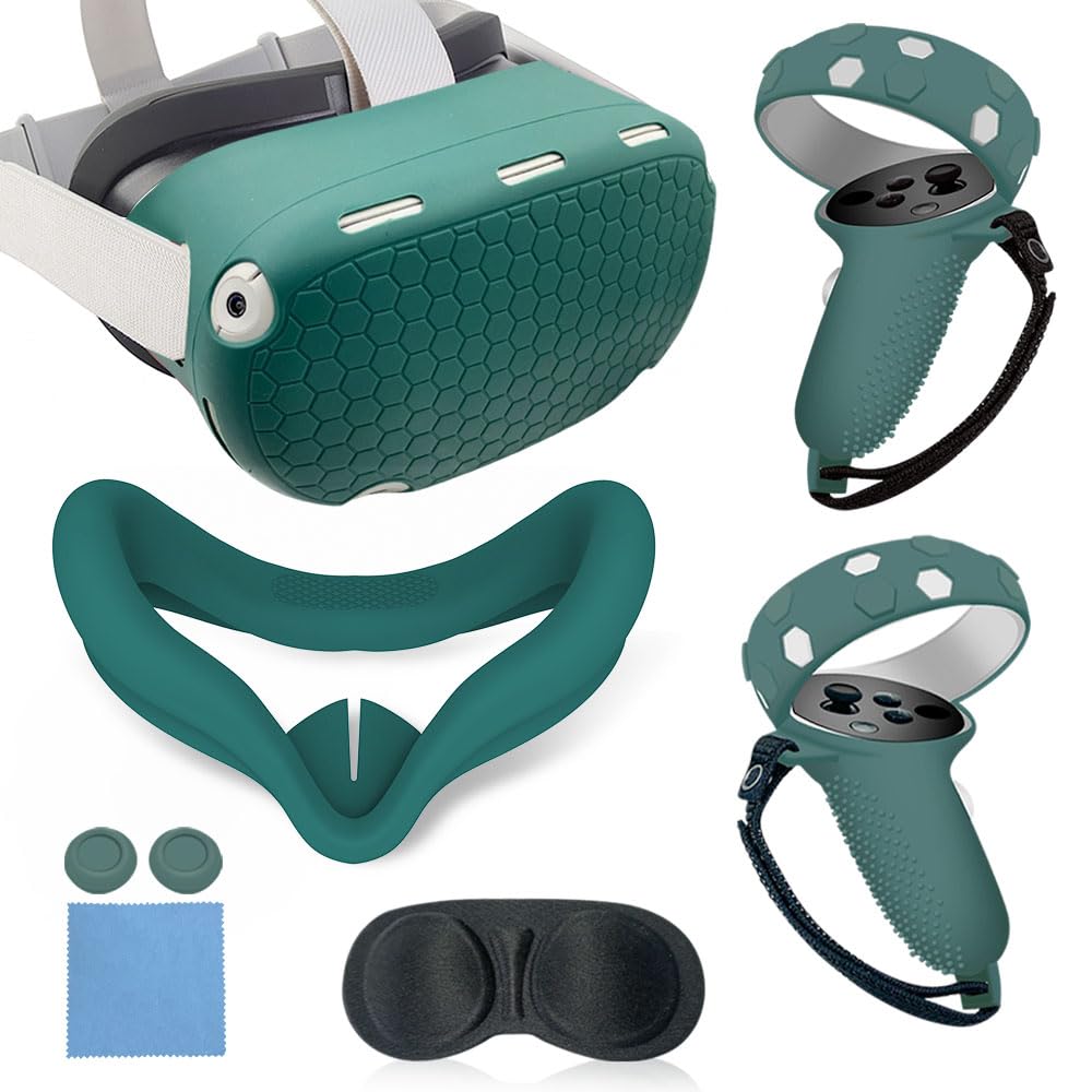 MLemonVR Silicone Cover Set Compatible with Oculus/Meta Quest 2 Accessories Includes Controller Grips Button Caps & Face Cover  Shell Cover  Lens Cover  for Quest 2_Green