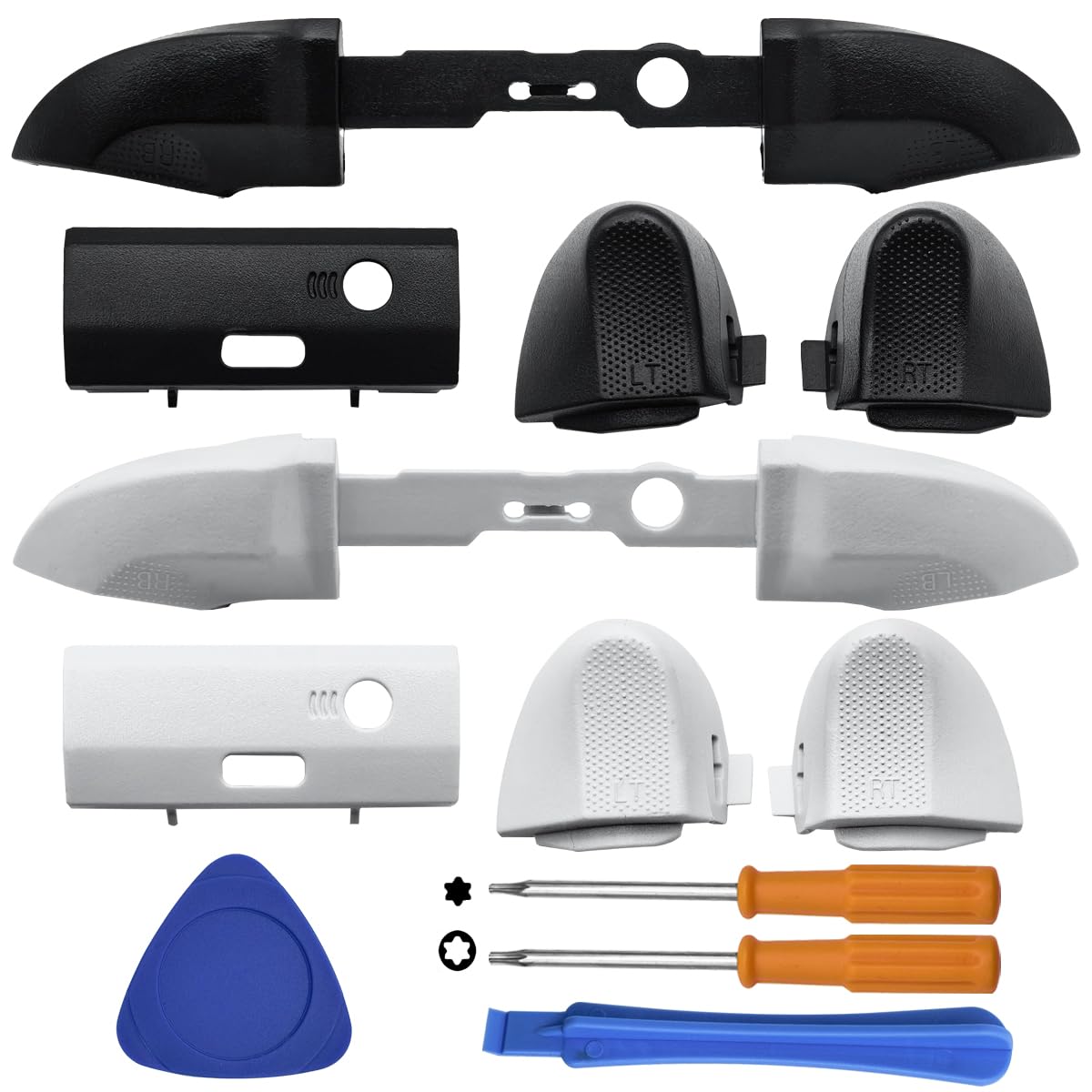 2 Pack Bumpers Replacement  DaKuan Compatible with Xbox Series X/S Controllers  Black and White LB RB Button Repair Kit with 2 Joystick Thumbsticks  T6 T8H Screwdrivers and Prying Tools