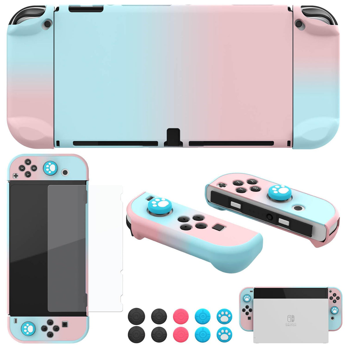 COMCOOL Dockable Case for Nintendo Switch OLED - [9 FT Military Grade Drop Protection] [with Tempered Glass Screen Protector and Thumb Grips] Protective Cover for Nintendo Switch OLED - Pink Blue