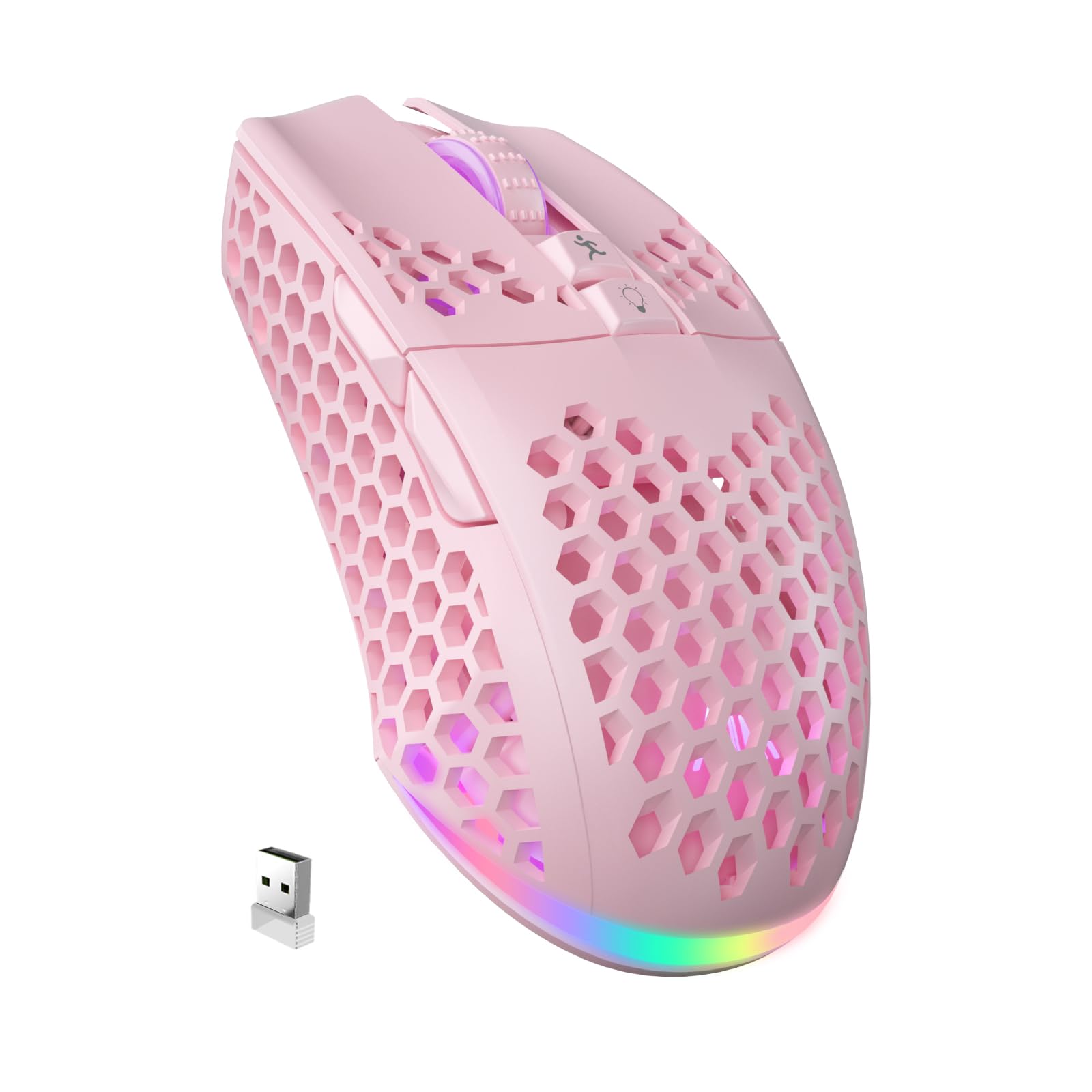 SOLAKAKA SM600 Pink Wireless Gaming Mouse with Honeycomb Shell  Side Buttons Tri-Modes(BT5.1+BT5.1+2.4GHz) Lightweight RGB Wireless Mouse for PC/Tablet/Desktop/Office/Games