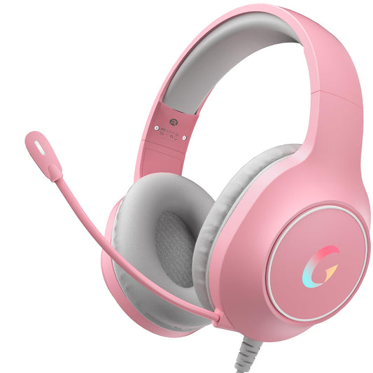 syndesmos CM7002 Gaming Headset for PS5  PS4  PC  Mac  Switch  Xbox Series  Surround Sound RGB Gaming Headphones with Noise Canceling Microphone  50MM Dynamic Drivers  3.5MM Audio Jack  Light Pink