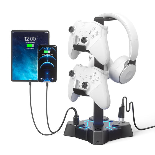 KDD Headphone Stand with USB Charger  Controller Stand for Desk  Headphone Holder with 2 USB Charging Ports and 3 AC Outlets  Accessories for Desktop(Black)