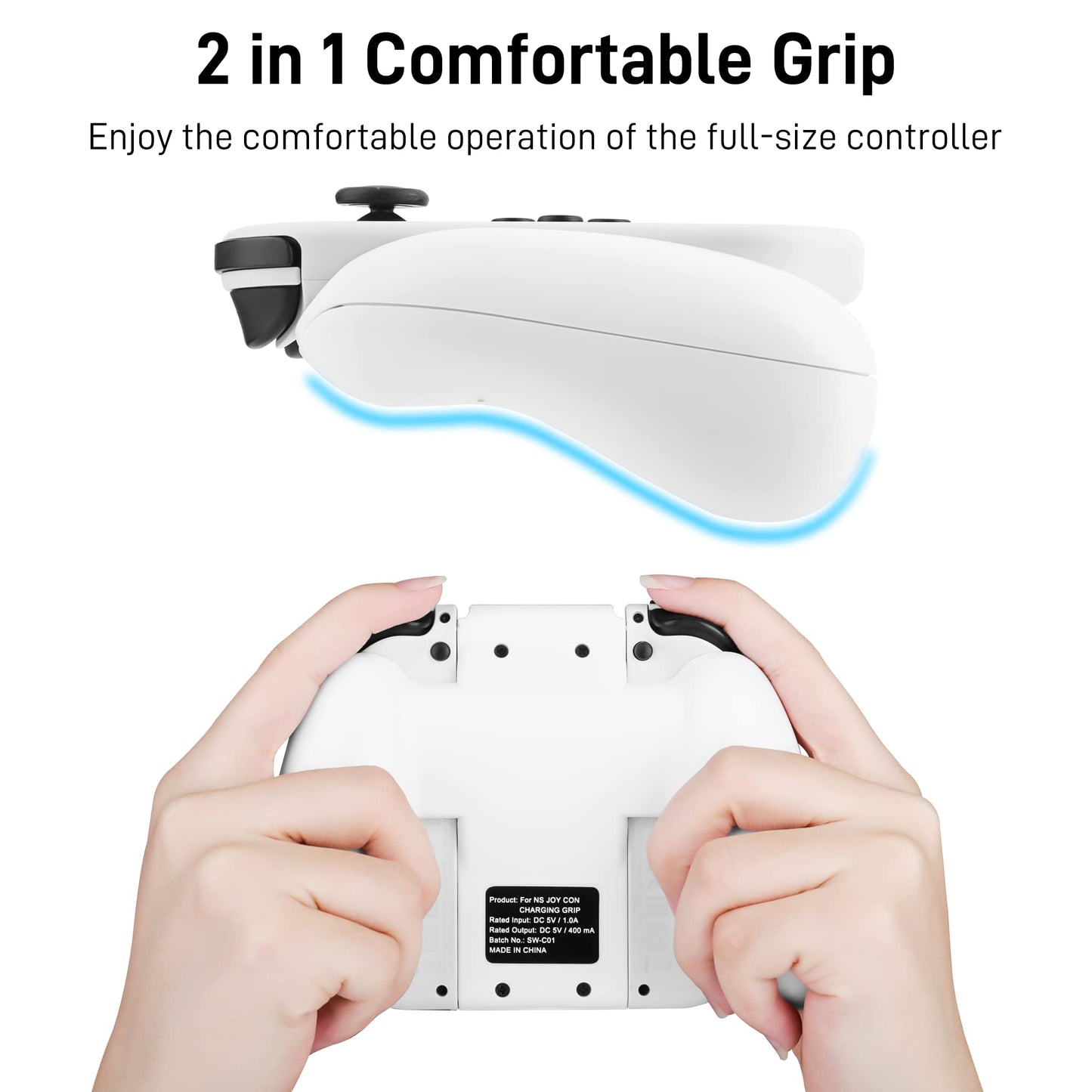 FUNDIARY Comfort Charging Grip for Nintendo Switch & OLED Joycon - Black, Includes LED Indicator, Charging Cable & 6 Thumb Caps