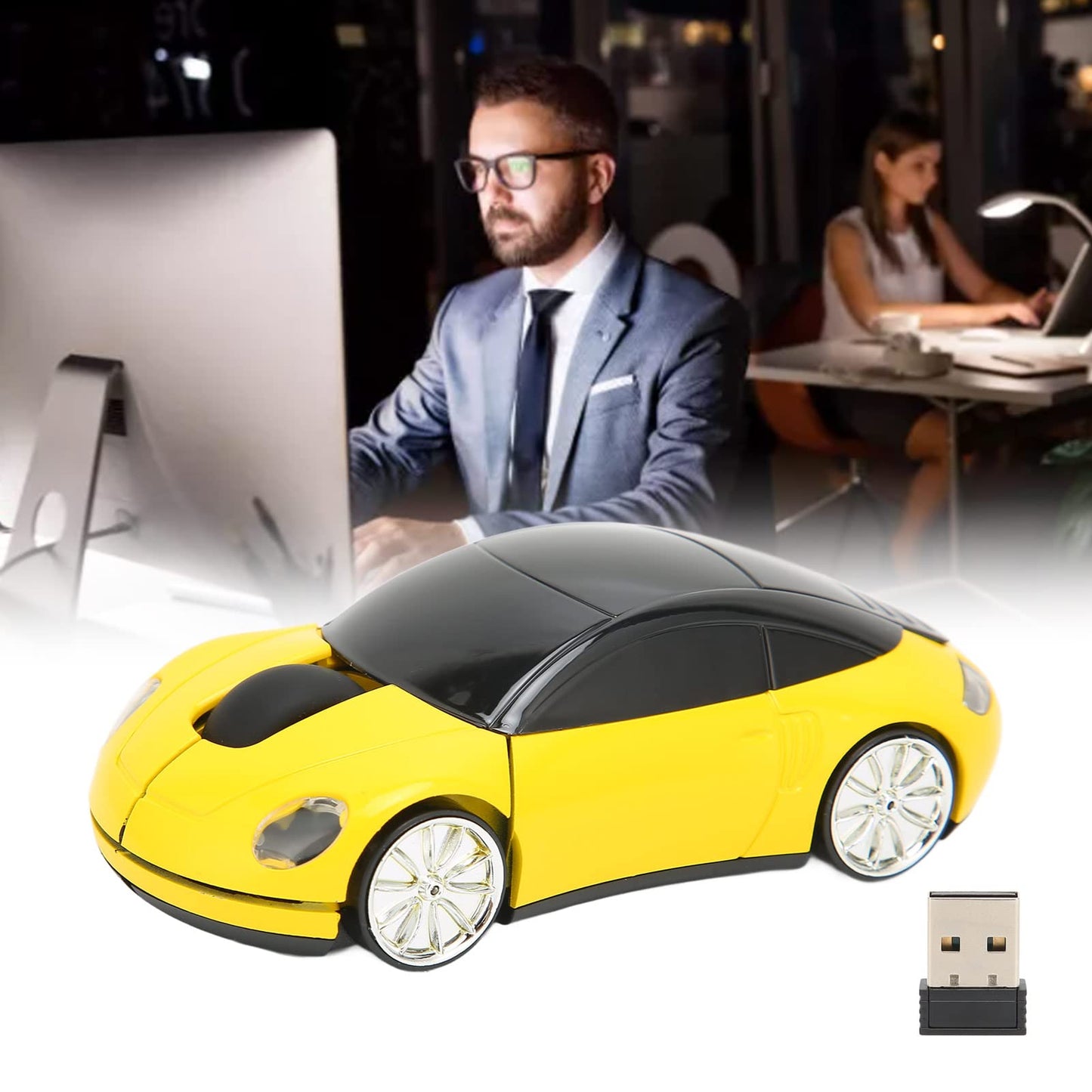 ASHATA Wireless Gaming Mouse, 2.4GHz Car Shape, USB Receiver, Plastic, Yellow-2, Model: ASHATArm9gs3exi1552