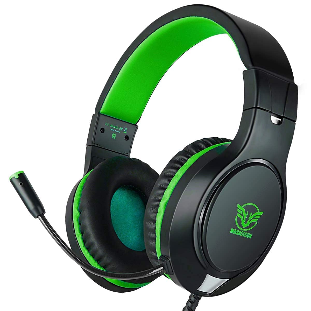 MASACEGON H-10 Gaming Headset - Noise Cancelling, Over-Ear, 3.5mm, Green-Black, Compatible with Xbox One, PS4, Nintendo Switch