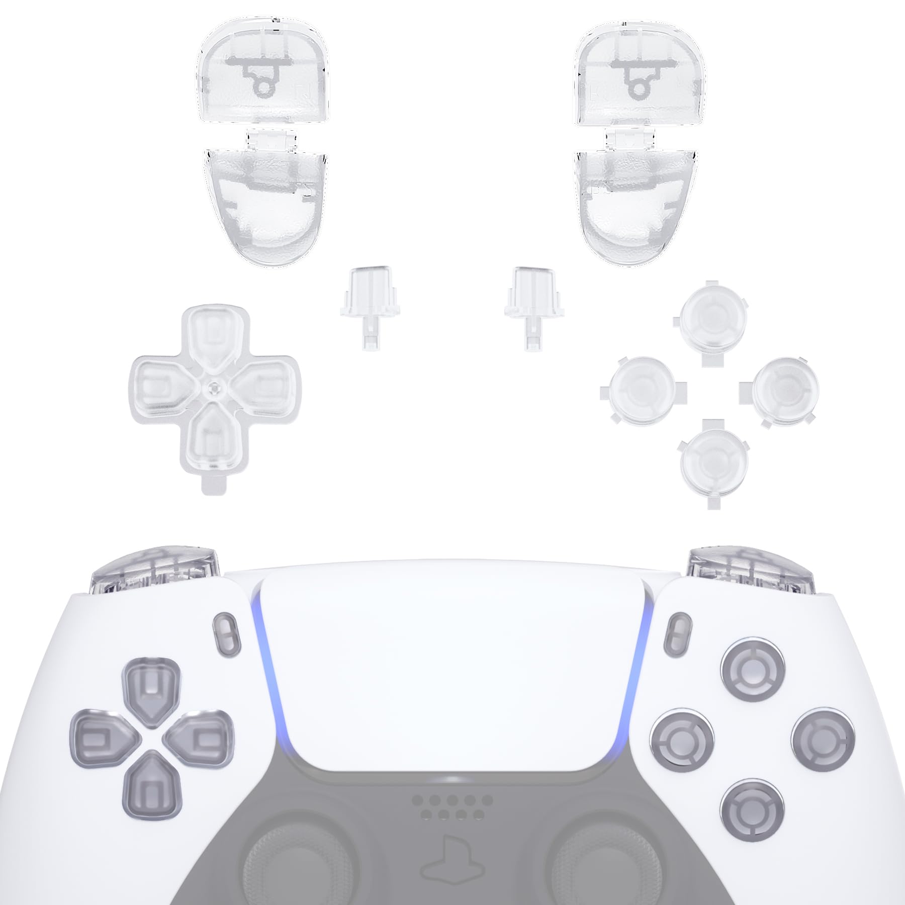 eXtremeRate Replacement D-pad R1 L1 R2 L2 Triggers Share Options Face Buttons  Clear Full Set Buttons Compatible with ps5 Controller BDM-030 BDM-040 BDM-050 - Controller NOT Included