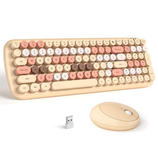 Wireless Keyboard and Mouse Combo - GEEZER Pale Coffee Colorful Round Keycap Keyboard 100 Keys - USB 2.4G Receiver Plug Play Typewriter Keyboards for Windows  PC  Laptop  Desktop