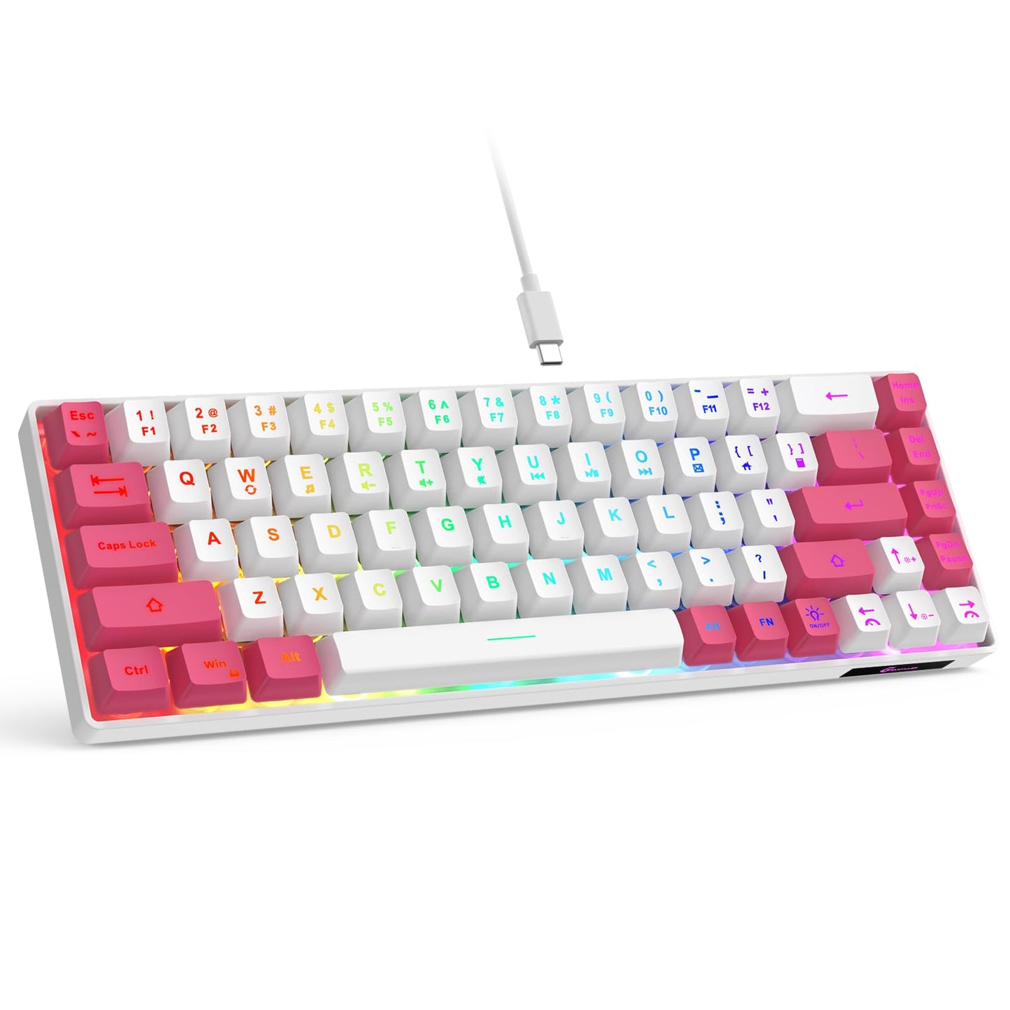 GEODMAER 65% Gaming Keyboard  LED Backlit Mini Wired Keyboard  Ultra-Compact Anti-Ghosting No-Conflict 68 Keys Membrane Gaming Wired Keyboard for PC Laptop Windows Gamer(White-Pink)