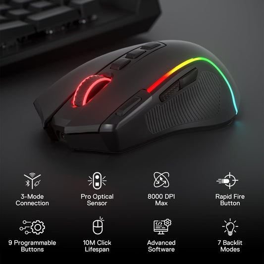Redragon M612 PRO RGB Gaming Mouse - 8000 DPI, Wired/Wireless, 9 Programmable Buttons, 7 Backlit Modes, Black