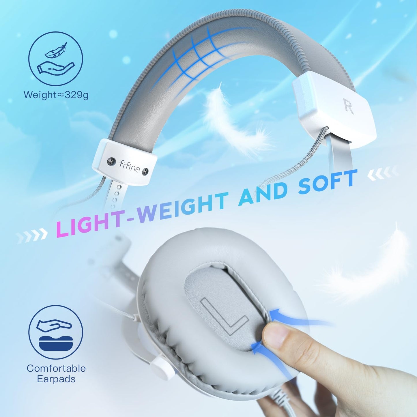FIFINE H9W USB Gaming Headset - Over-Ear Wired, 7.1 Surround Sound, Detachable Microphone, Volume Control, White