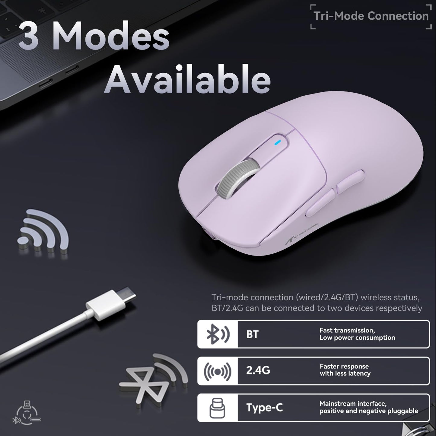 MANBASNAKE ATTACK SHARK X3 Wireless Gaming Mouse - 49g, 26K DPI, 200h Battery Life, Ergonomic Design, Lavender Color
