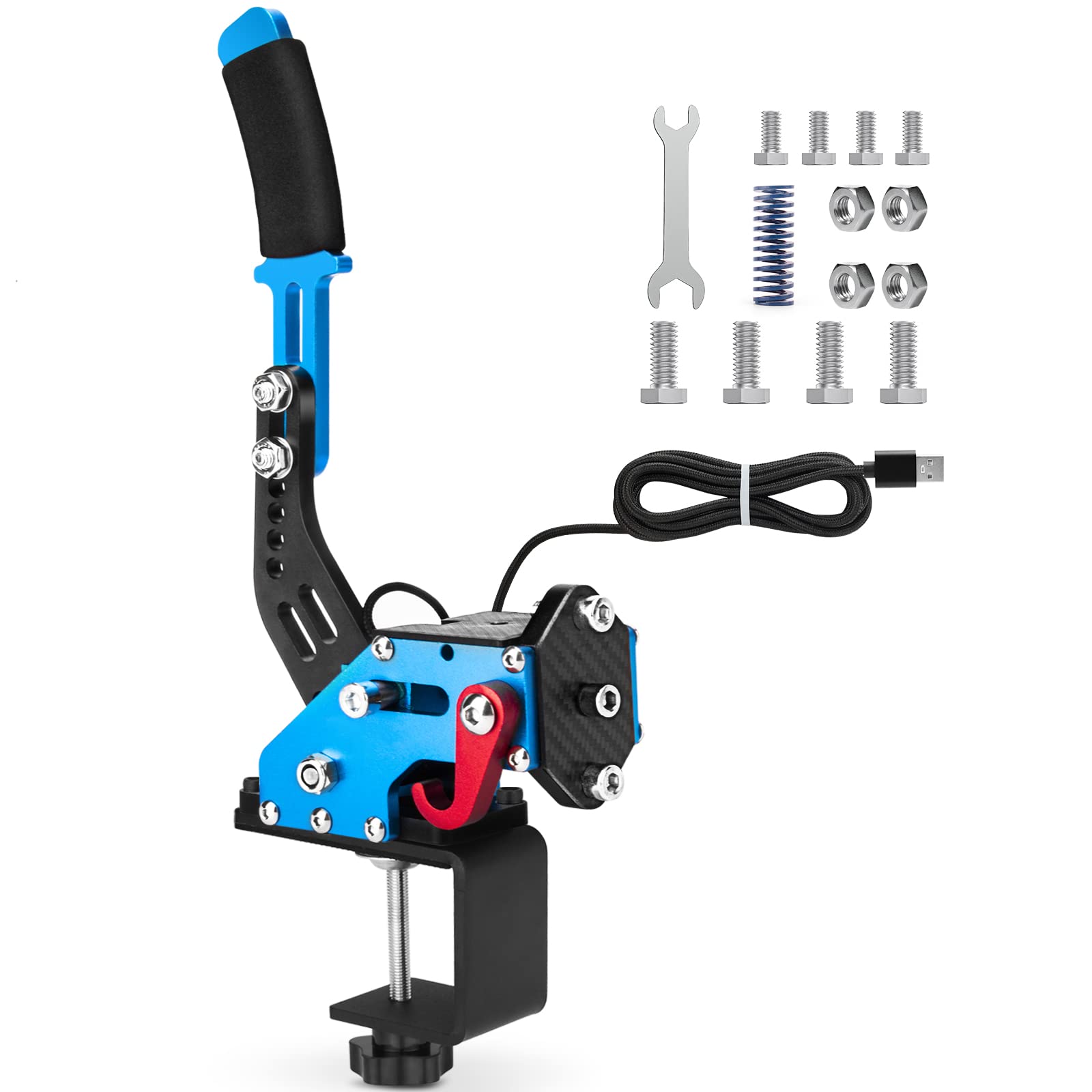aikeec 64Bit PC USB Handbrake  Upgrade SIM Racing Games Handbrake for LO GITECH G25 G27 G29 T500 T300 THRUST MASTER FANATECOSW DIRT RALLY  2M Nylon Cable/Reinforced Spring/Blue+Clamp