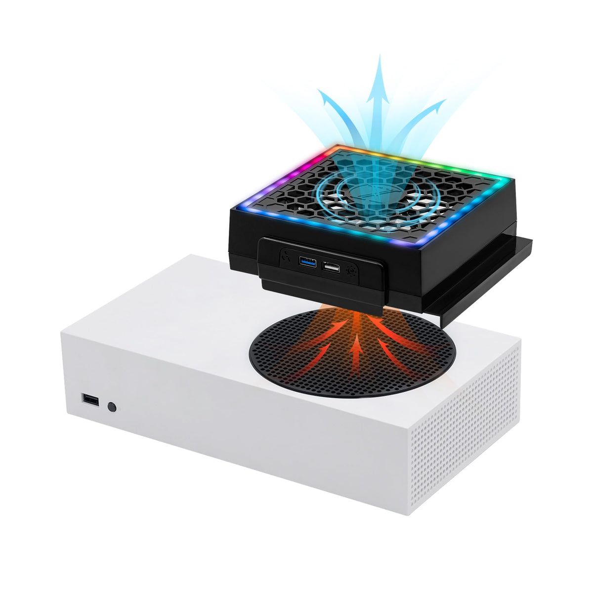 Mcbazel Cooling Fan for Xbox Series S  RGB LED Display  Low Noise  2 Extra USB Ports  3 Level Adjustable Speed External Cooler Fan for Xbox Series S Console Only - Black