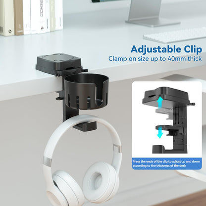 KDD 3 in 1 Headphone Hanger & Cup Holder - Rotatable Desk Organizer, Black