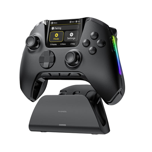 ManbaOne Interactive Screen Wireless Gaming Controller for PC/Switch/iOS/Android Hall Effect Stick & Trigger RGB Lighting Remappable Buttons 1800mAh with Charging Dock (Black)