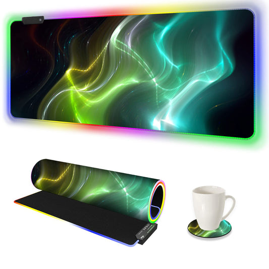 AIMSA Large RGB Gaming Mouse Pad - 35.4x15.8 inch, Non-Slip Rubber Base, Cool Aurora, 14 Lighting Modes, Waterproof Desk Mat