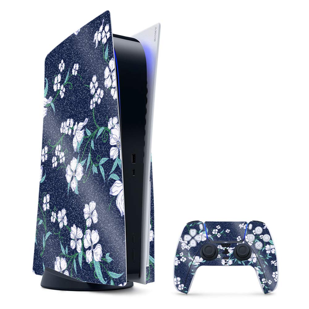 MightySkins Glossy Glitter Gaming Skin for PS5 / PlayStation 5 Bundle - White Freesia | Durable High-Gloss Glitter Finish | Easy to Apply and Change Style | Made in The USA