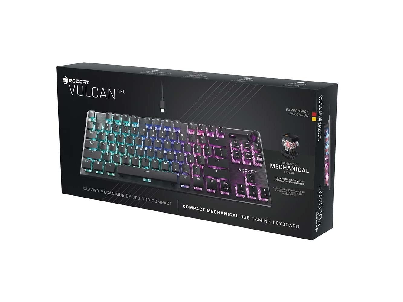 ROCCAT Vulcan TKL Linear PC Gaming Keyboard  Titan Switch Mechanical with Per Key AIMO RGB Lighting  Tenkeyless  Compact Design  Anodized Aluminum Top Plate  Detachable USB-C Cable  Black