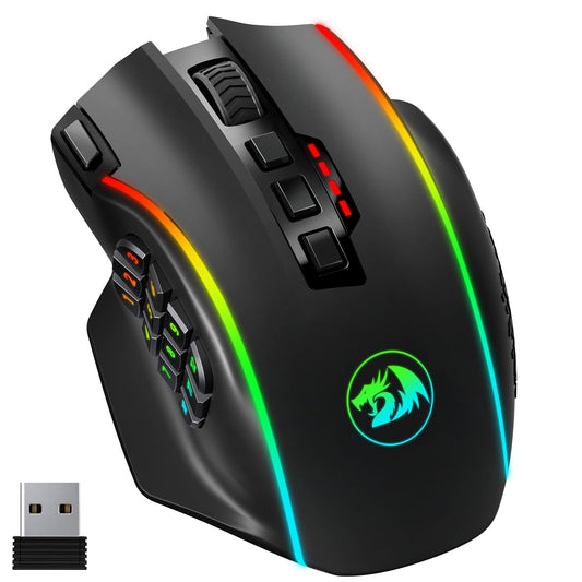 Redragon Wireless Gaming Mouse  MMO Gaming Mouse UP 16 000 DPI  16 Macro Programmable Buttons  RGB Rechargeable Gaming Mouse with 12 Side Buttons  70Hrs for PC Laptop MOBA FPS  M901P-KS