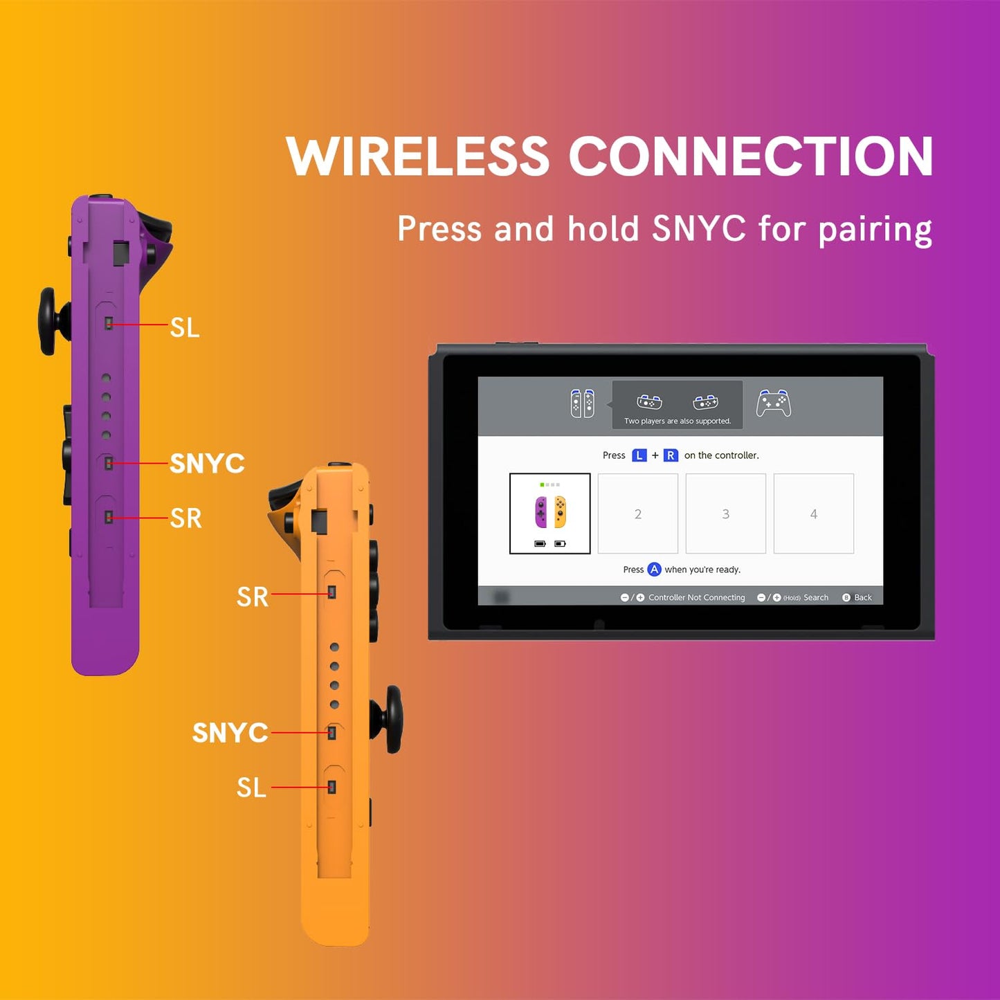 Boconna Wireless Switch Controllers for Switch/OLED/Lite - Purple & Orange, Supports Wake-up & 6-Axis Gyro, No Slide Rails