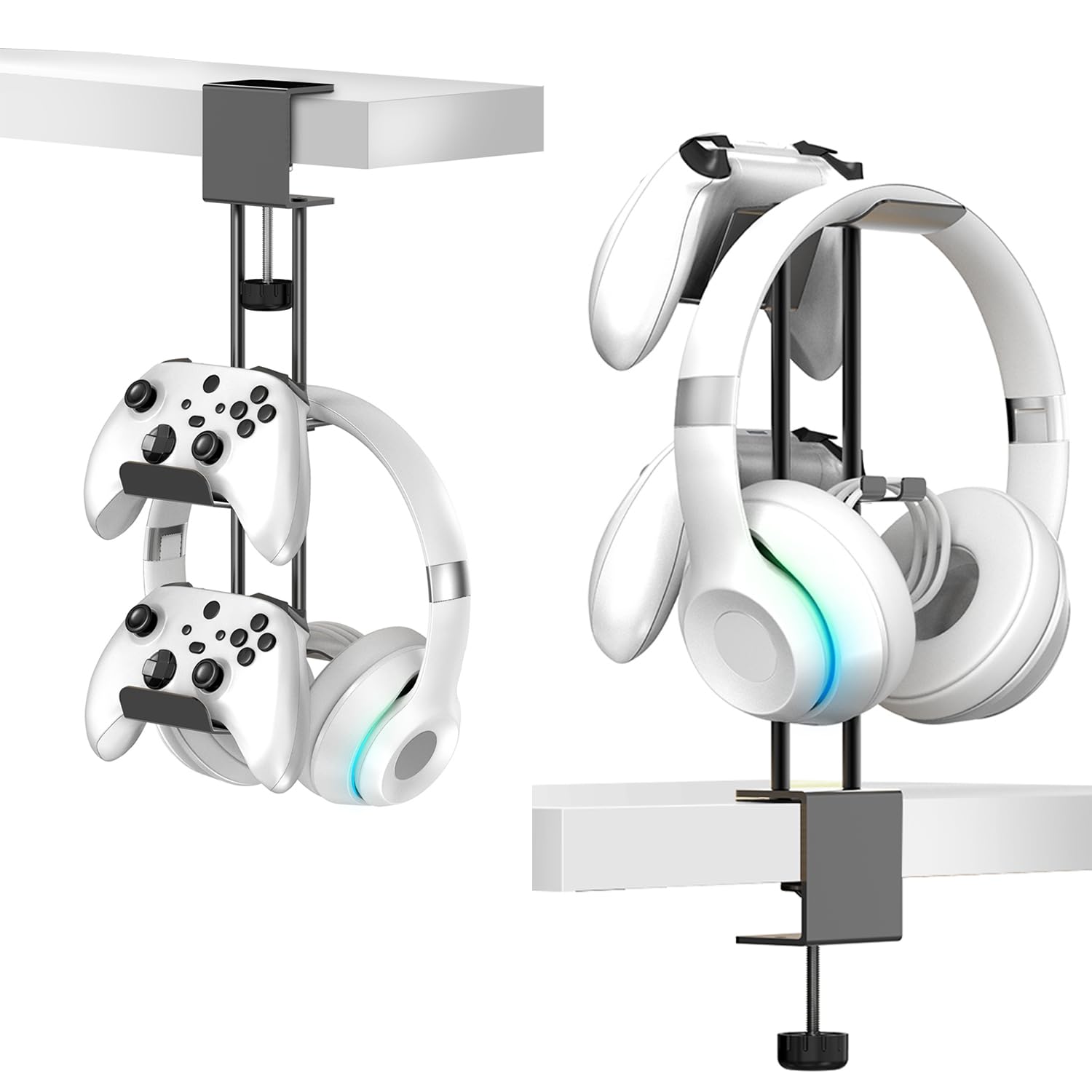 TpeeTeek Headphone Stand with Controller Holder  Aluminum Under Desk Clamp Headset and Controller Stand - 2 in 1 Headphone Hanger for Desktop PC Gaming Accessories Organizer with PS5 Xbox Series S