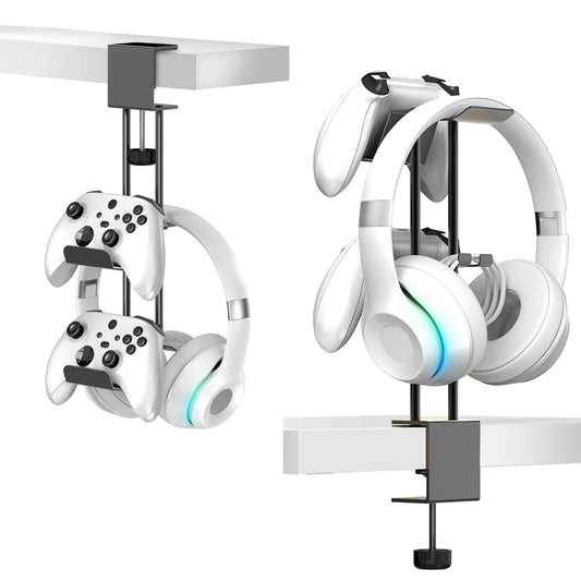 TpeeTeek Headphone Stand with Controller Holder  Aluminum Under Desk Clamp Headset and Controller Stand - 2 in 1 Headphone Hanger for Desktop PC Gaming Accessories Organizer with PS5 Xbox Series S