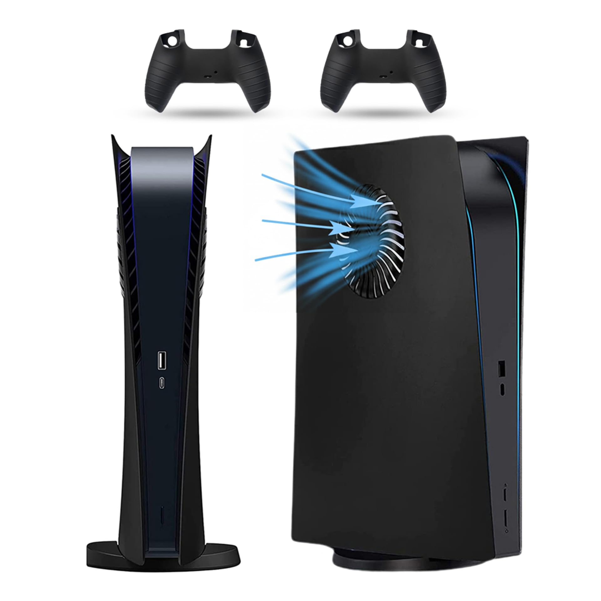 PEYANZ Faceplate for PS5 (Digital Edition)  Cover Plate  ABS Shell  Printed Logo  Matt Skin  with Extra 2 Controller Silicone Covers (Black with Vents)