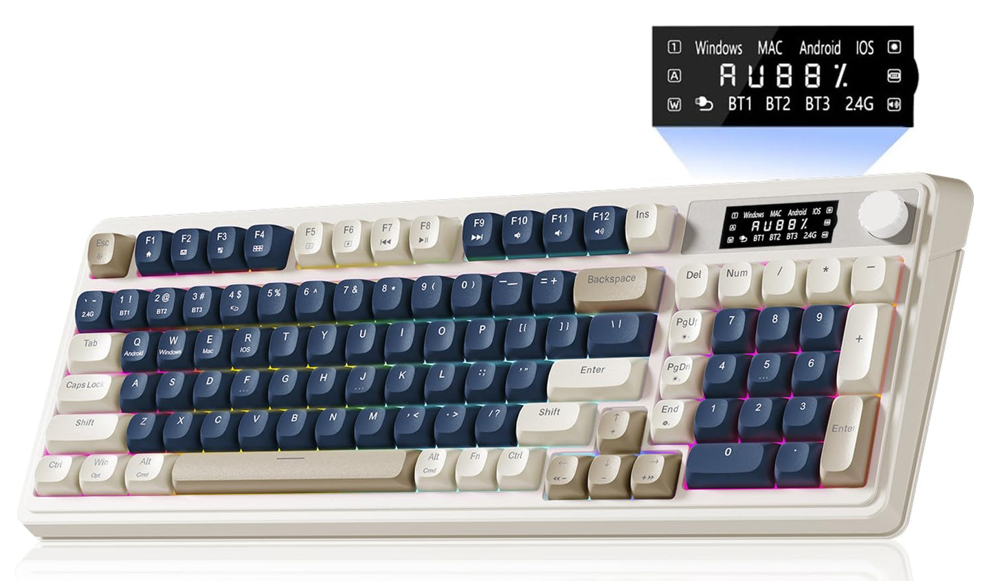 AULA S99 Pro Wireless Keyboard  Gaming Keyboards Media Knob Custom RGB Backlit  3-Modes BT/2.4G/USB-C Membrane Cute Creamy Keyboard for Windows/MAC/PC Gamer - Blue White